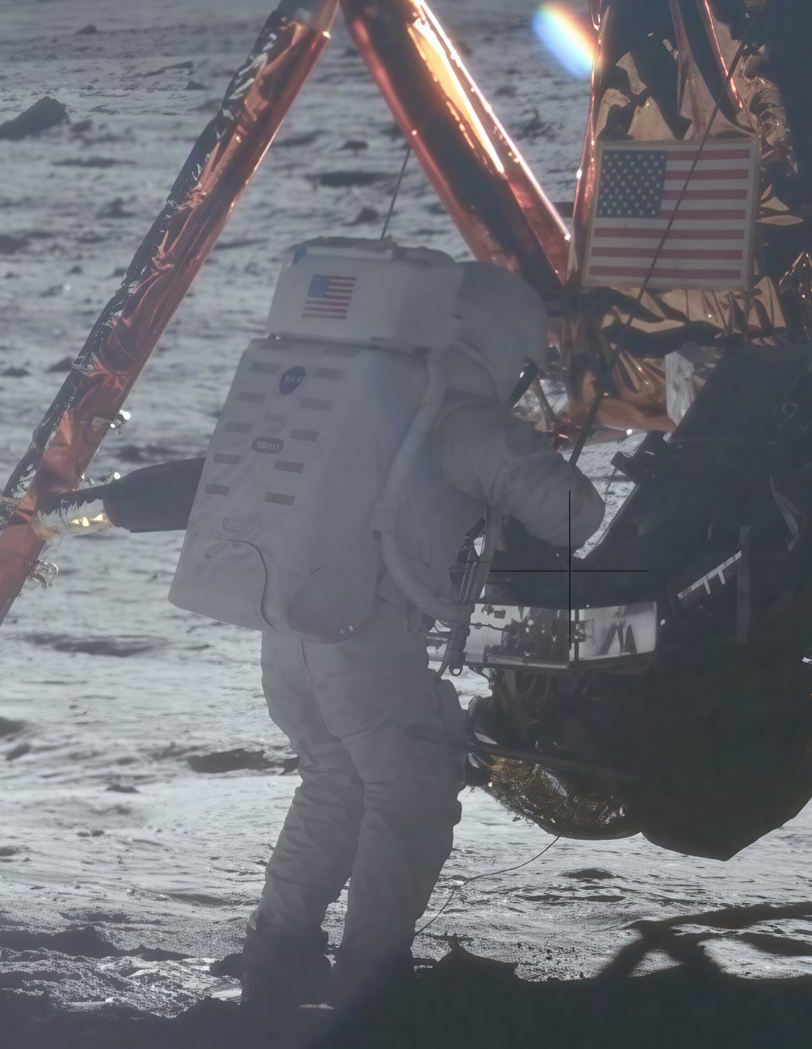 The same scene after a 4× CraterView.ai enhancement: the folds of the spacesuit, the crinkled foil and the flag on the lunar module resolved