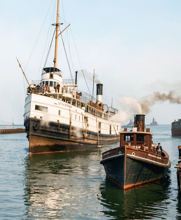 The same photograph after CraterView.ai enhancement and restoration, in colour: the white steamship with its dark hull, the tug's red-brown cabin, and blue water and sky