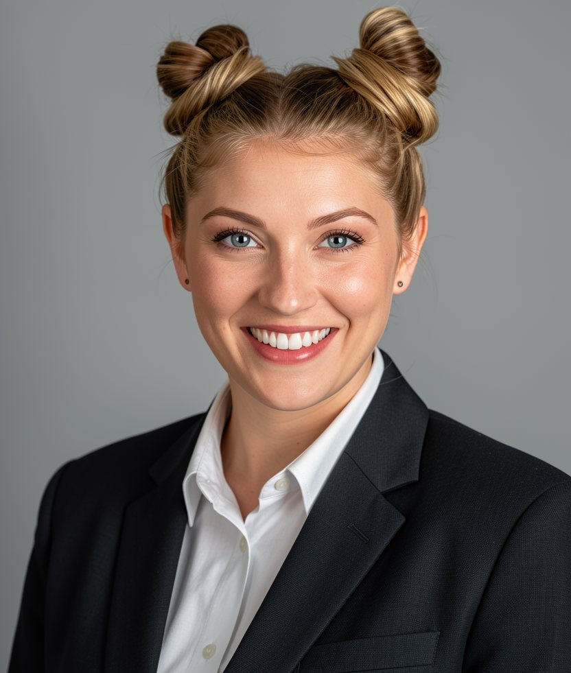 A professional headshot made from that photograph: the same hair in two buns, smiling, in a dark jacket and white collared shirt against a plain mid-grey backdrop