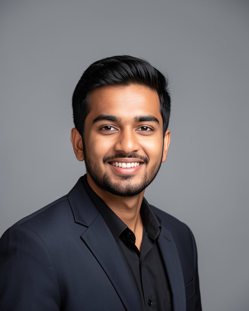A professional headshot made from that snapshot: the same man in a dark jacket and black shirt against a plain mid-grey backdrop