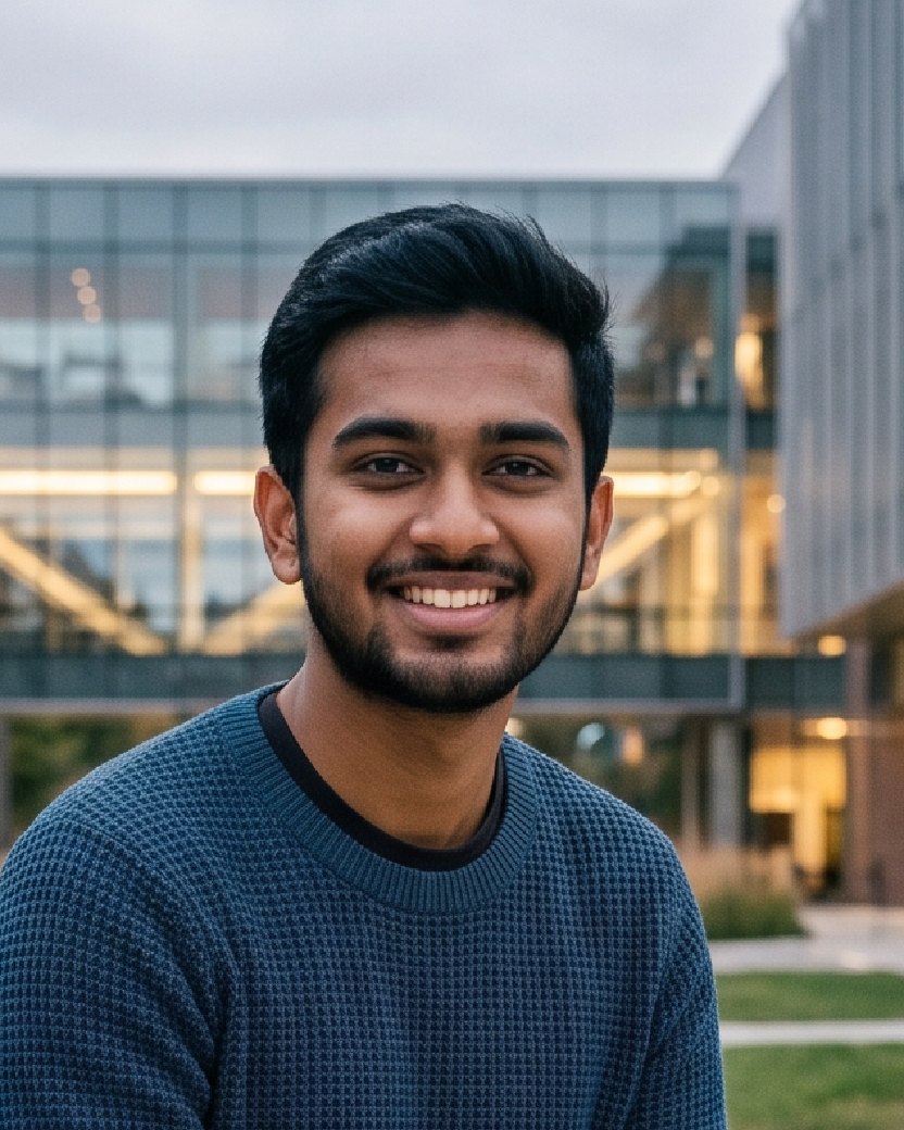 A young man with a short beard smiling on a bench outside glass-fronted campus buildings, in a snapshot taken at dusk