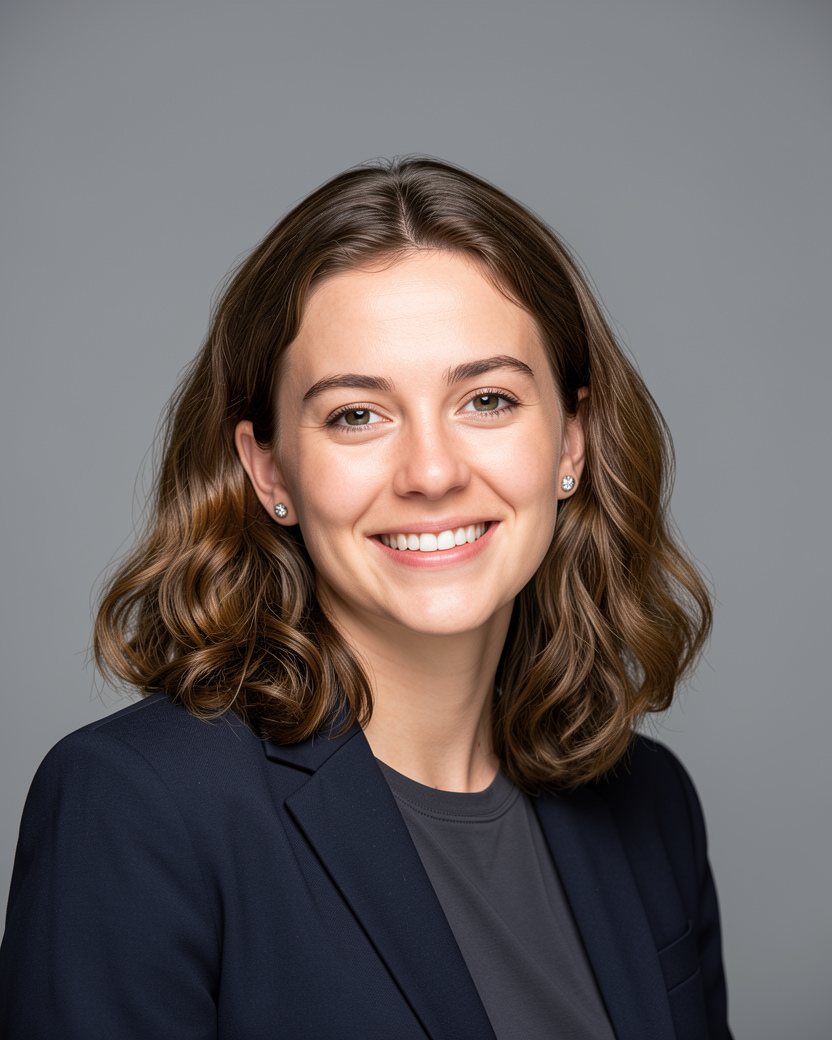 A professional headshot made from that snapshot: the same woman in a dark jacket over a dark top against a plain mid-grey backdrop