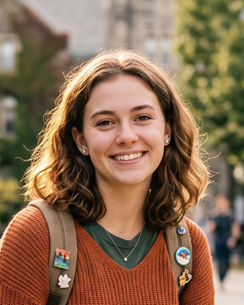 A young woman with wavy brown hair smiling in warm afternoon light, in a snapshot taken on a college lawn
