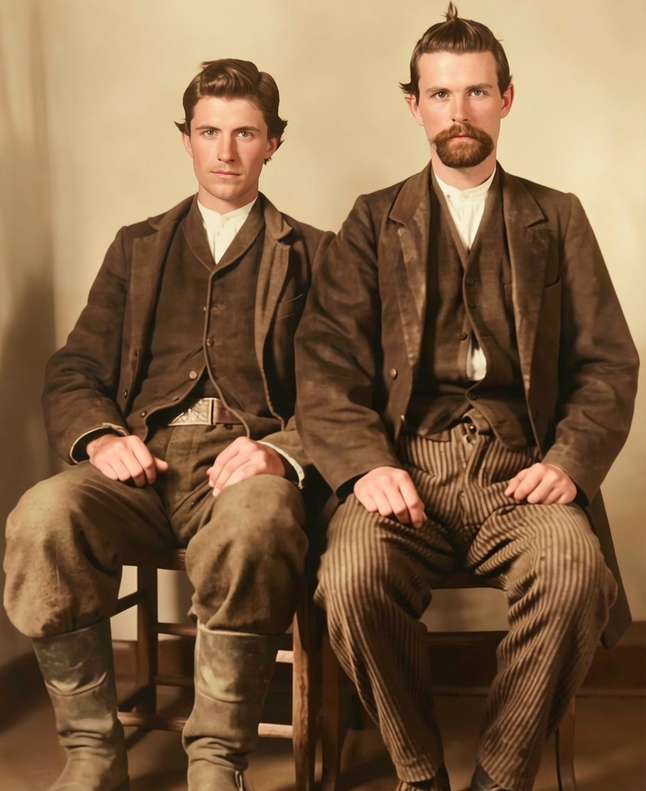 The same photograph after CraterView.ai restoration: the scratches and stains gone and the two men in natural colour, in brown jackets and striped trousers
