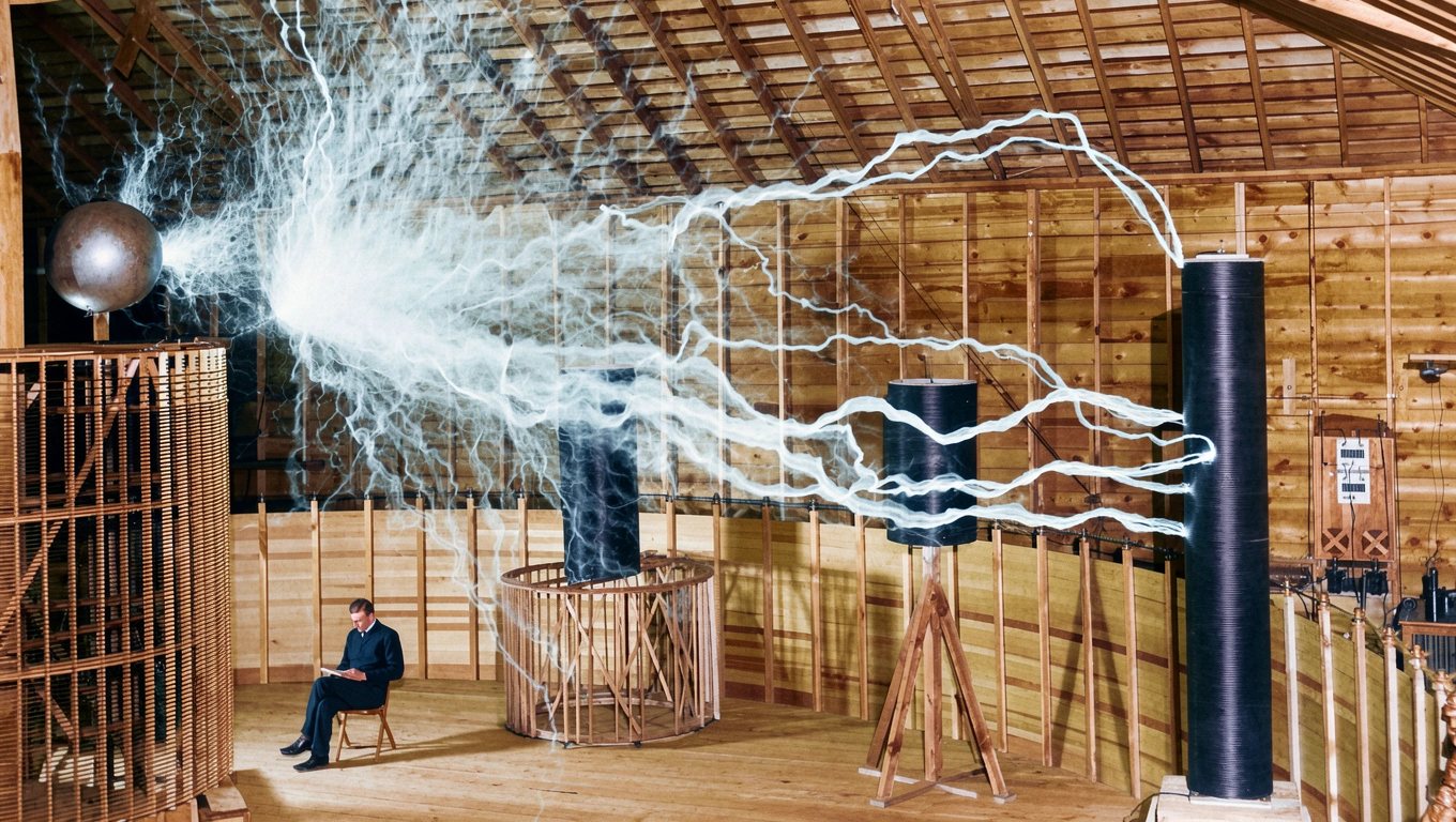 The same photograph after CraterView.ai restoration, in colour: the wooden walls and rafters warm brown, the coils dark, and the discharge still arcing across the room