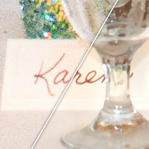 Before and after, split on a diagonal: a handwritten name card and a water glass on a reception table, grainy in a photograph taken at ISO 12800 and clean after denoising