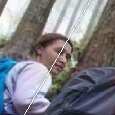 Before and after, split on a diagonal: a hiker's face a few pixels tall, smeared after a 4x enhancement, and the same face redrawn with clear eyes, nose and mouth