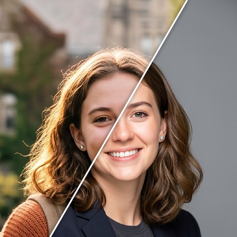 Before and after, split on a diagonal: a young woman with wavy brown hair in a sunlit outdoor snapshot, and the professional headshot made from it, in a dark jacket against a plain mid-grey backdrop