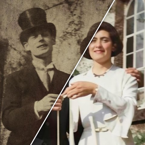 Before and after, split on a diagonal: a creased, stained sepia wedding photograph of a couple, and the same photograph restored in colour