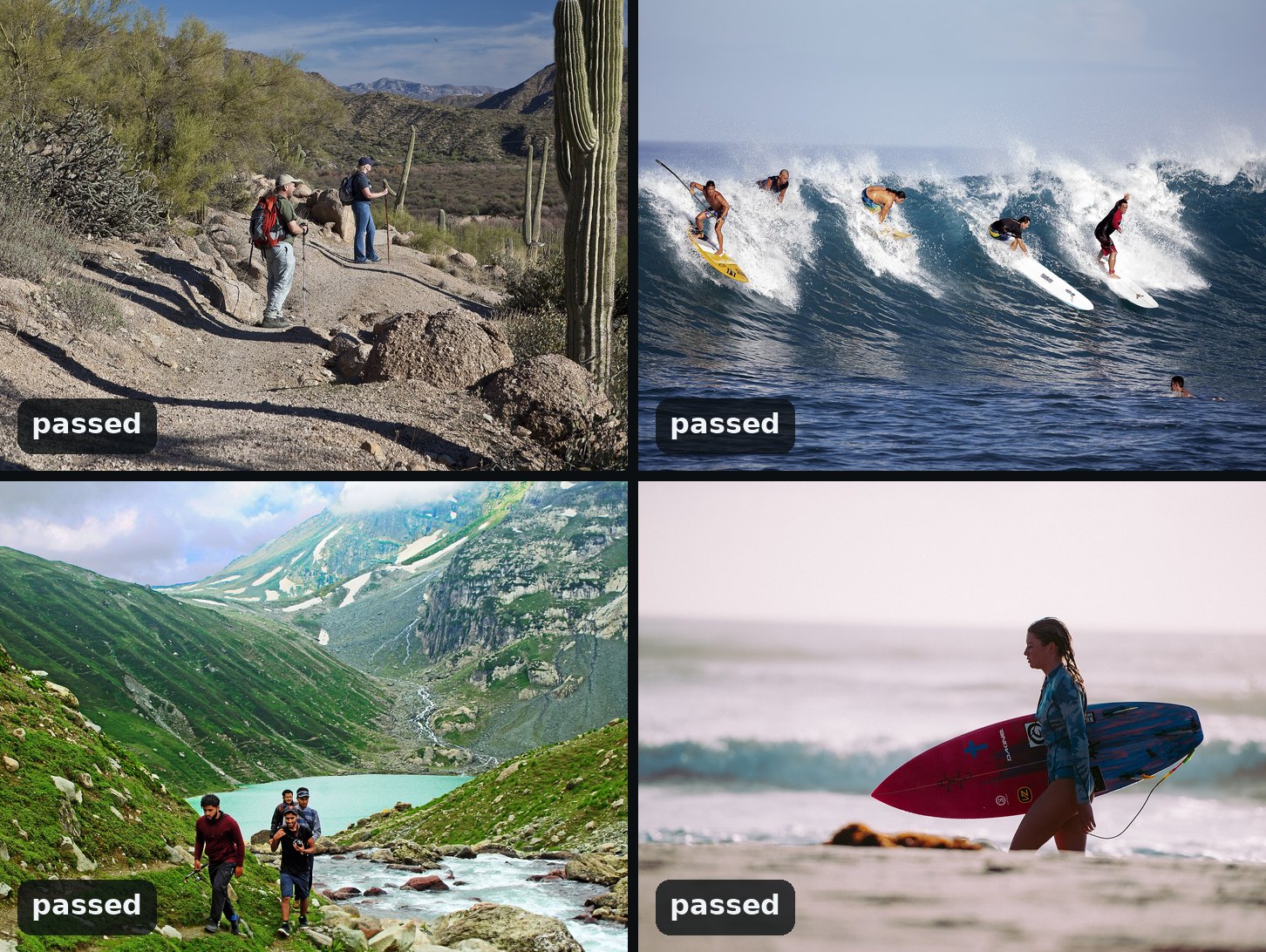 Four photographs, each marked passed: two hikers with poles on a desert trail among saguaro cacti; five surfers in board shorts riding one breaking wave; four trekkers on a rocky path below a turquoise mountain lake; a woman in a surf top carrying her board along a beach