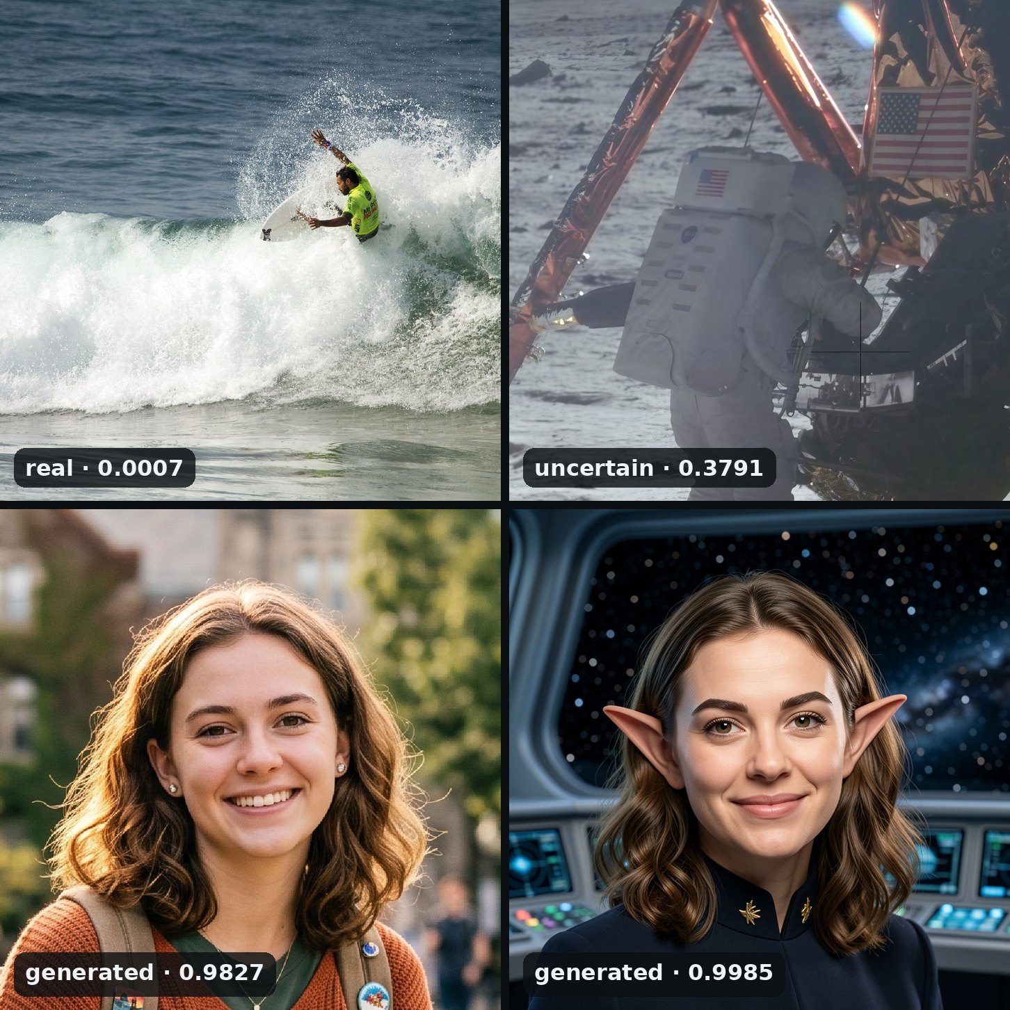 Four pictures, each with its verdict: a surfer on a breaking wave, real at 0.0007; an Apollo 11 astronaut beside the lunar module after a 4x enhancement, uncertain at 0.3791; a smiling young woman outdoors, made with an image generator, generated at 0.9827; the same woman as a starship captain from the Headshot model, generated at 0.9985