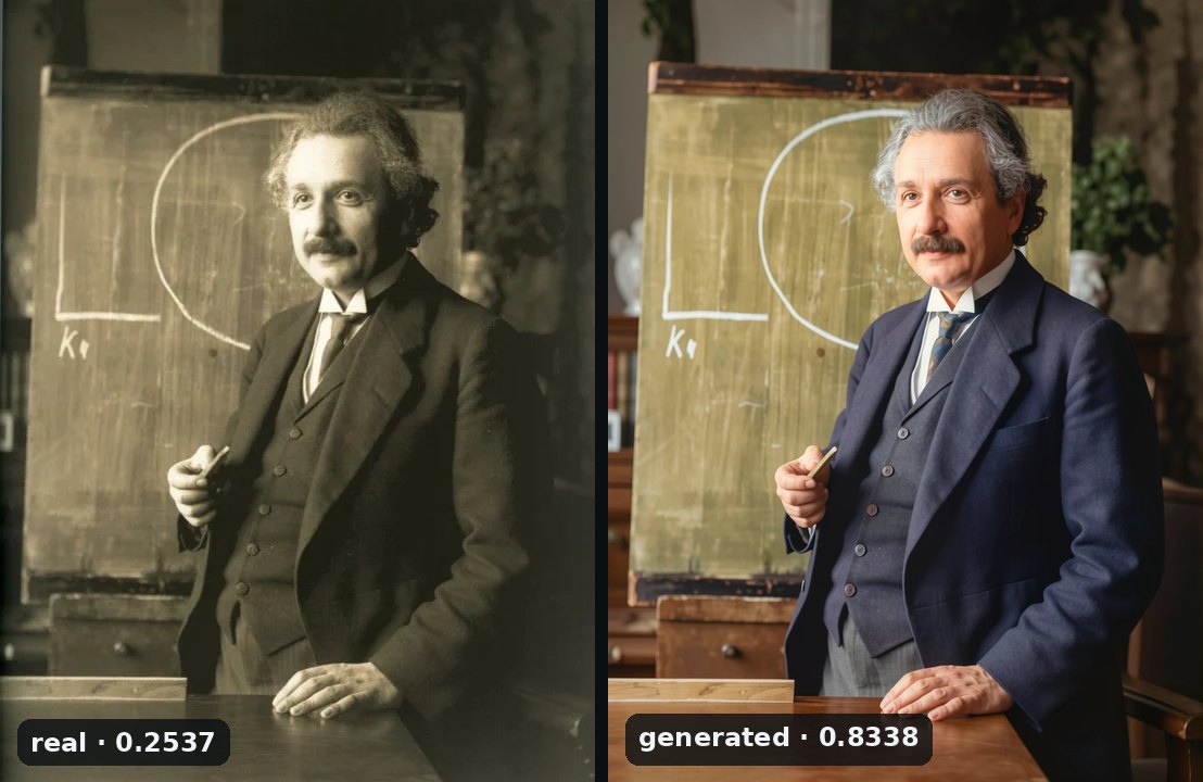 Albert Einstein at a blackboard twice: the faded 1921 photograph, real at 0.2537, and the restored colour version, generated at 0.8338