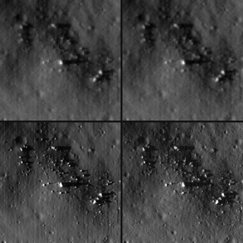 A boulder field on a crater wall at Apollo 12 in a two-by-two grid: top left, the coarse image; top right, a plain enlargement; bottom left, the enhanced image, with a few long, clean black shadows; bottom right, the real image, with many smaller boulders and broken shadows