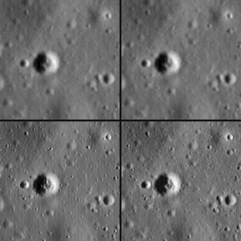 Four views of the same craters near Apollo 12 in a two-by-two grid: top left, the coarse image with its pixels visible; top right, a plain enlargement, soft; bottom left, the enhanced image, with crisp crater rims and extra small pits; bottom right, the real finer image, whose craters match the enhanced rims but which has fewer small pits