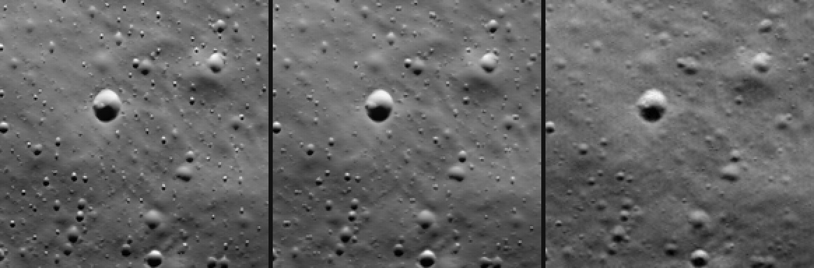 The same smooth plain near Chandrayaan-3 in a row of three: left, Enhance on one of the camera's two circuits alone, scattered with dark pits; middle, the two circuits' results averaged, with fewer and fainter pits; right, the finer real picture, with almost none