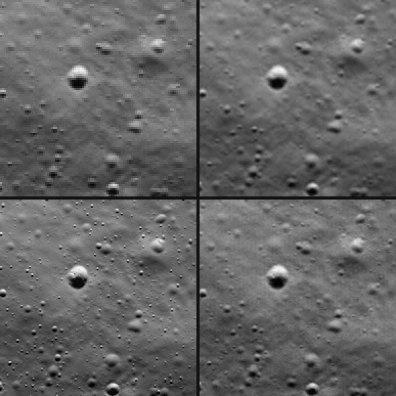 A smooth plain near the Chandrayaan-3 landing site in a two-by-two grid: top left, the coarse image; top right, a plain enlargement; bottom left, the enhanced image, scattered with small sharp pits; bottom right, the real finer image, which looks like the plain enlargement and has almost none of those pits