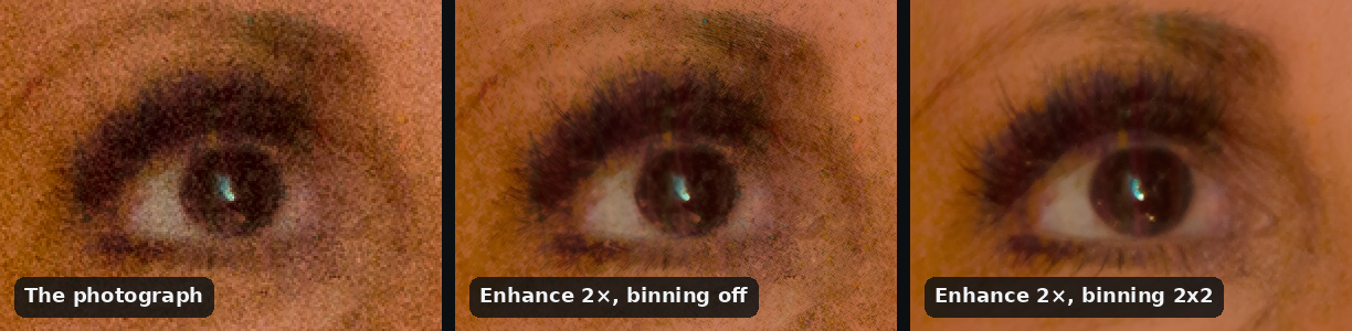 Three views of the bride's eye at ISO 12800, the same part at twice the size: the photograph, its pixels repeated, grainy; Enhance at 2× with binning off, the grain drawn as a fine, scratchy mottle over her skin and the white of her eye; and Enhance at 2× with binning 2x2, clean, the lashes separate and the iris clear, with a thin streak drawn down through it
