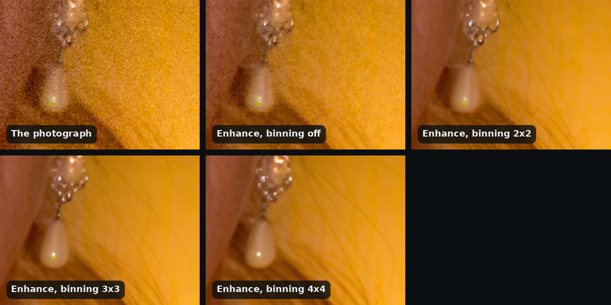 Five views of a pearl earring and a woman's hair against a plain yellow wall at ISO 12800, three across: the photograph, the wall covered in grain; Enhance with binning off, the wall still mottled; and binning 2x2, 3x3 and 4x4, the wall clean, with fine flyaway hairs drawn across it, more of them at 3x3 and 4x4