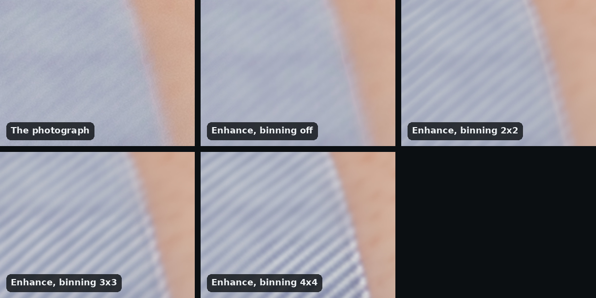 Five views of a pale blue suit's sleeve beside a wrist, from a clean photograph at ISO 200, three across: the photograph, the cloth's weave fine and faint; Enhance with binning off, much the same; binning 2x2, the weave turned into clear diagonal stripes; and 3x3 and 4x4, bold, even stripes, with small red dots drawn on the wrist