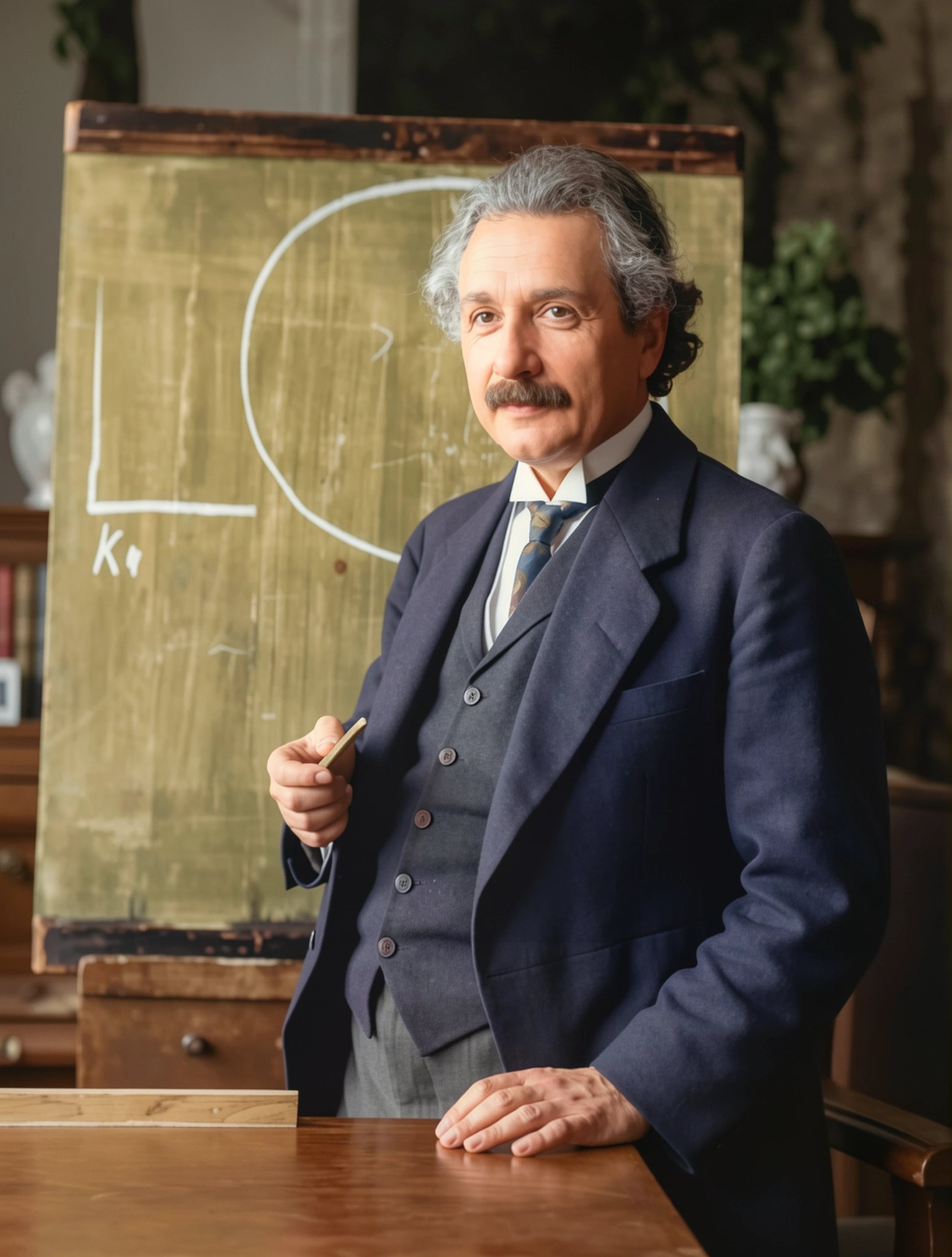 The same photograph restored in colour, the scratches gone, in a navy three-piece suit and striped tie with greying hair