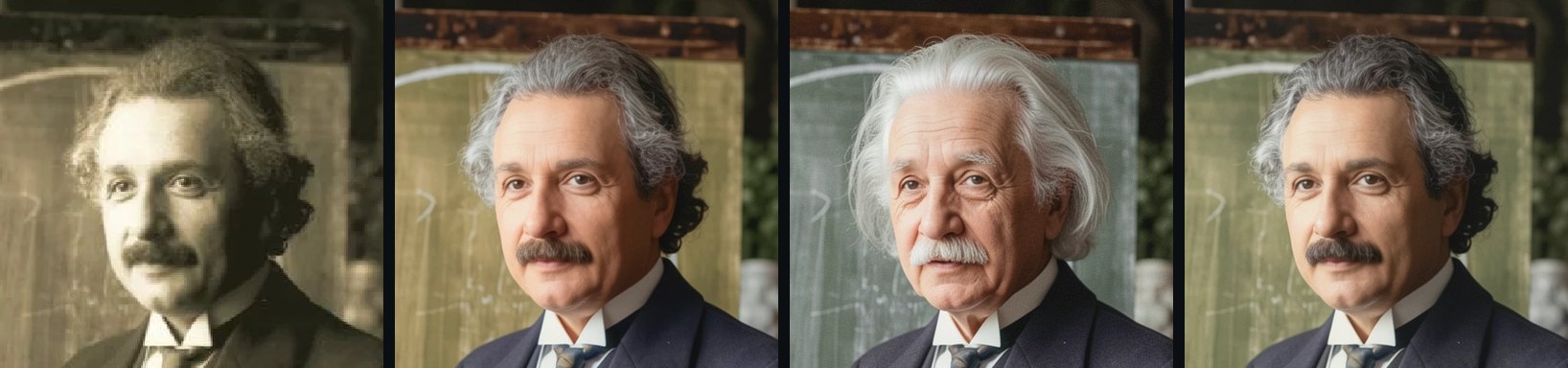 The same face four ways: the faded 1921 original; the default restore with grey hair; with a context naming Albert Einstein, an elderly man with white, wild hair; with a context describing a man in his early forties with dark, greying hair, closer to the original