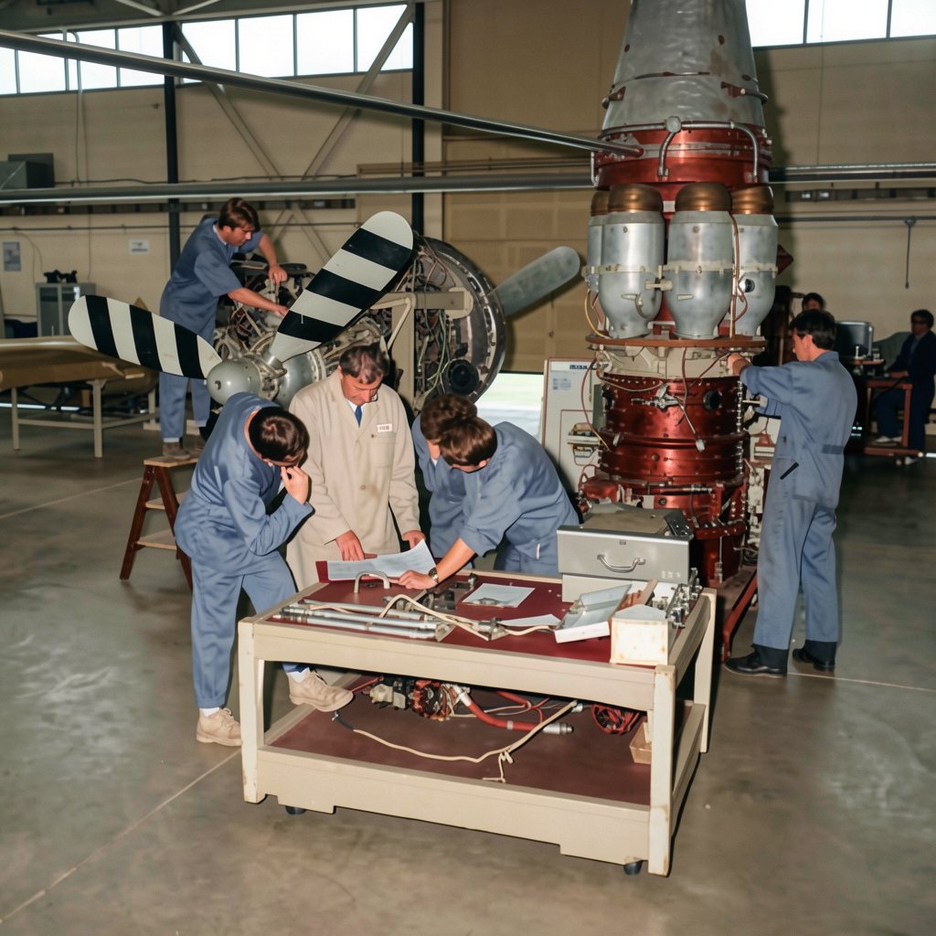 The same scan restored in colour at 1024 pixels square, the coveralls blue and the engine's casing copper and silver
