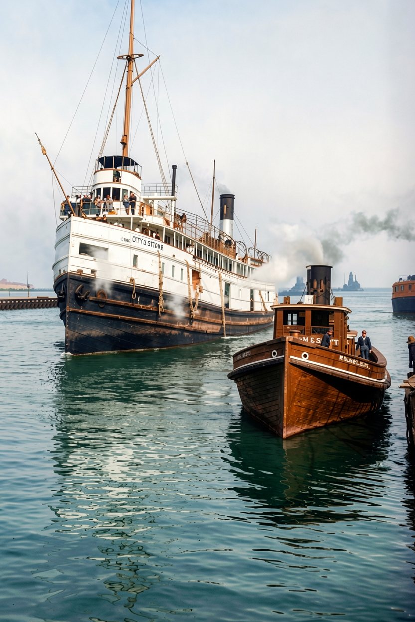 The same photograph enlarged and restored in colour, the white steamship with its dark hull, a brown tug and blue-green water