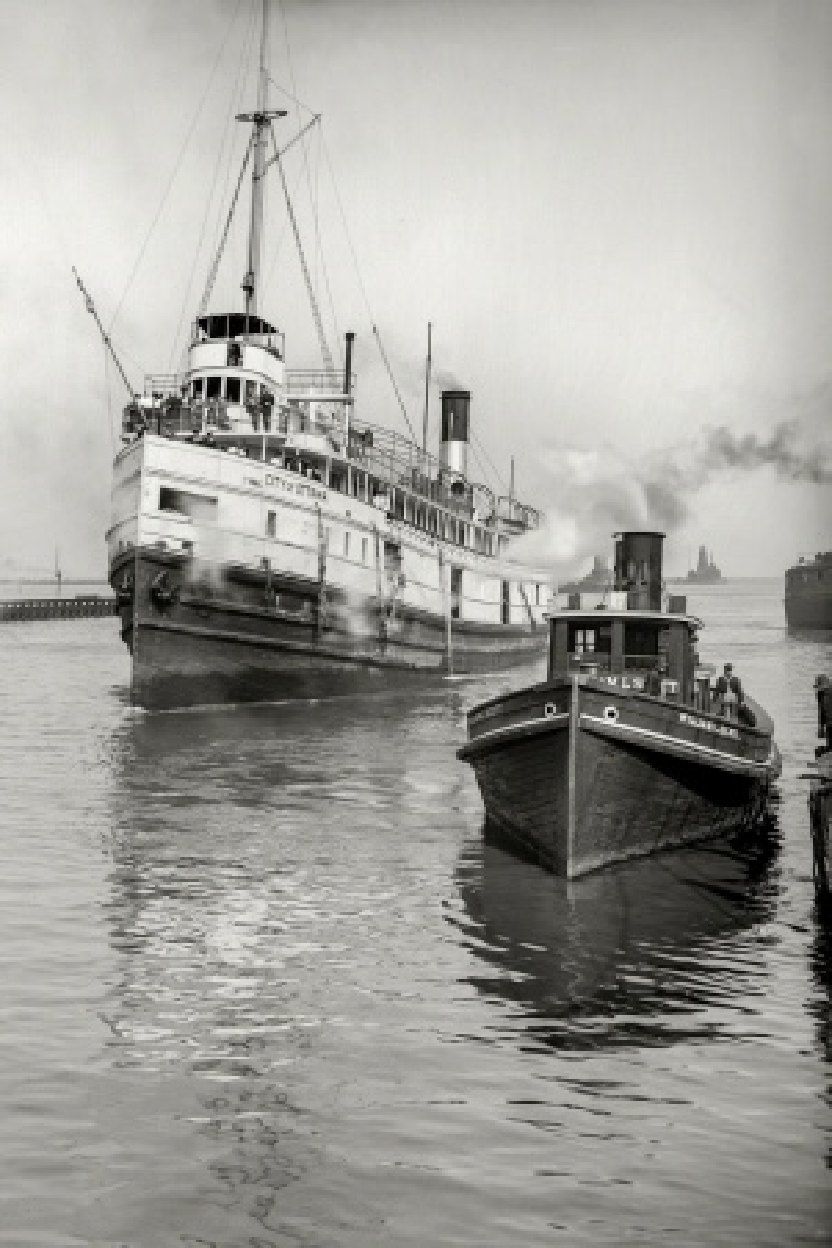 A steamship with tall masts and a smoking funnel and a small tug, in a faded black-and-white photograph 301 pixels wide