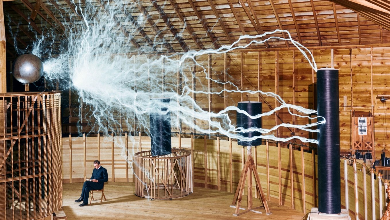 The same photograph restored in colour, the wooden walls warm brown and the discharge still arcing across the room