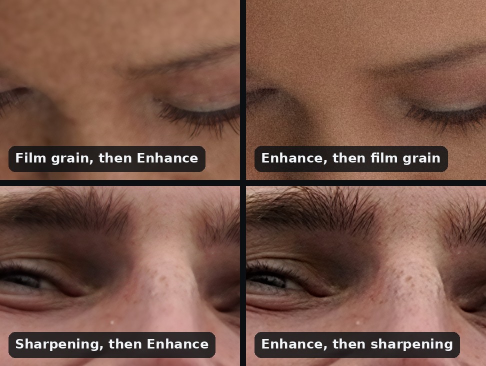 Two pairs, each enlarged four times by Enhance: a bride's lowered eye with film grain added before Enhance, the skin blotchy and mottled, beside the same grain added after, an even fine grain; and a young man's eye and brow sharpened heavily before Enhance, with harsh brows and haloed lashes, beside the same sharpening applied after, crisp without halos