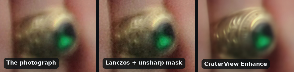 Three views of a gold class ring with a green stone on a moving fist: the photograph, a soft blur; a Lanczos resize sharpened with an unsharp mask, still a blur; and CraterView Enhance, which draws a band of engraved lines on the ring that the photograph does not show