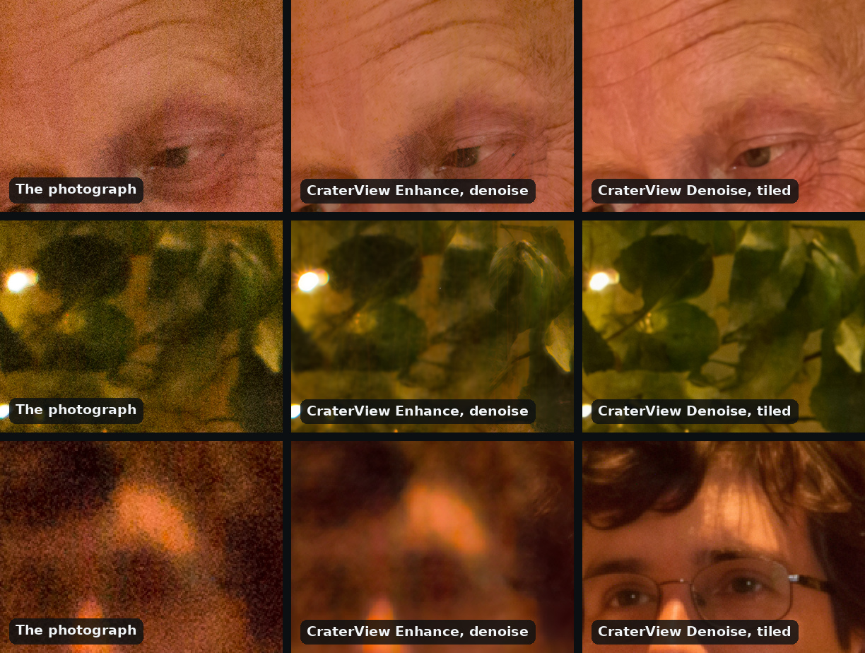 Three rows of three views, the photograph, Enhance with denoise and Denoise with tiled on: the groom's forehead and eye, where both draw deep forehead lines and creases; the dark, out-of-focus tree with fairy lights, where Enhance leaves a streaky, painted texture and Denoise draws leaves with crisp edges; and a guest standing out of focus behind the couple, a blur in the photograph and after Enhance, which Denoise draws as a sharp face with curly hair and glasses