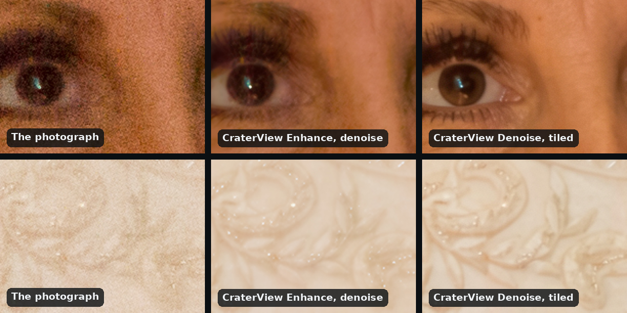 Two rows of three views at ISO 12800, each pixel drawn twice: the bride's eye and a panel of her lace, as the grainy photograph; after Enhance with denoise, clean, with the lashes and the lace's scrolls kept; and after Denoise with tiled on, clean, with the lace's scrolls kept and the lashes, upper and lower, drawn more distinctly