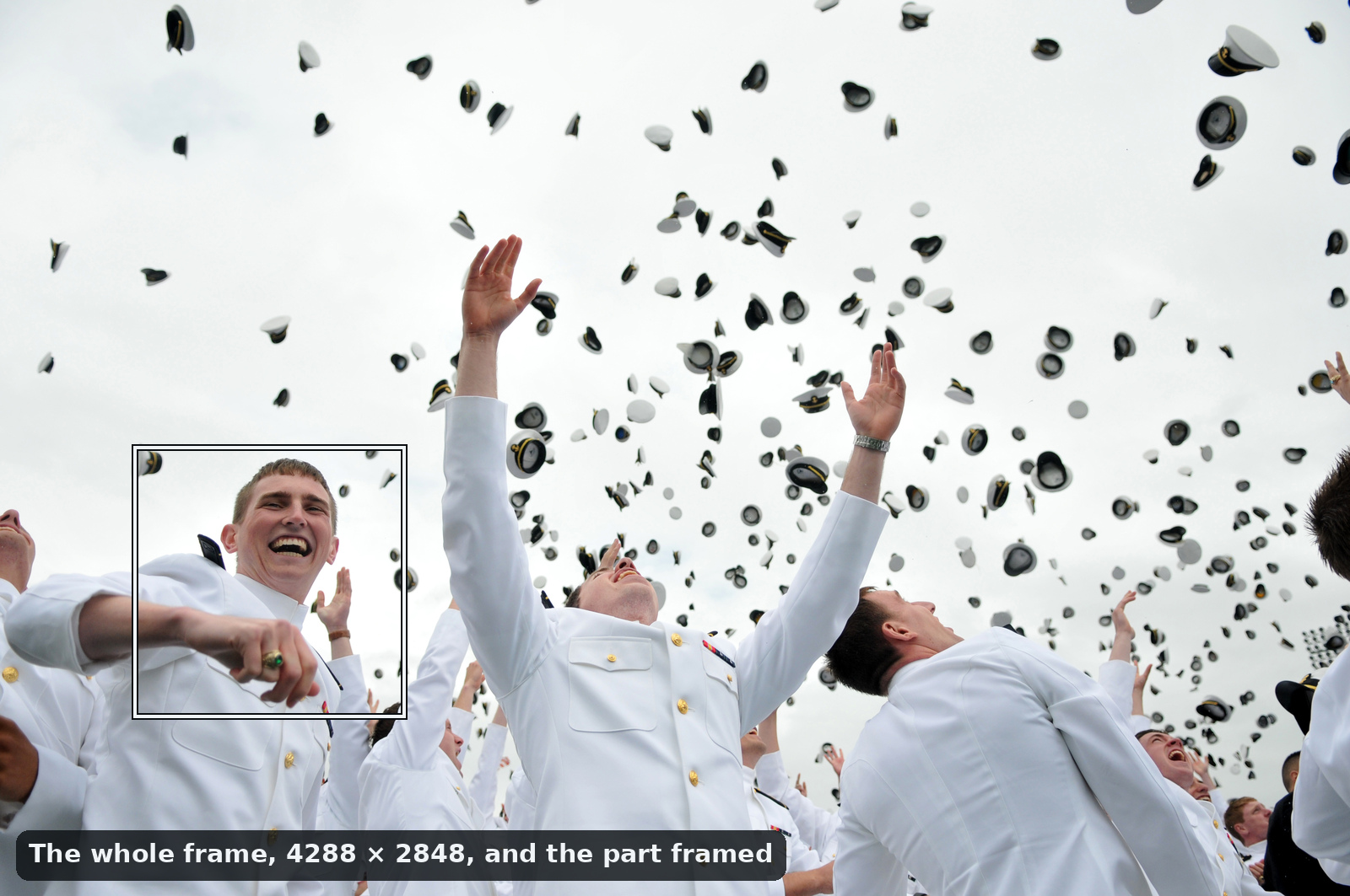 The whole graduation photograph: white caps thrown into a pale sky above midshipmen in white uniforms with their arms raised, and a box outlined around one laughing graduate on the left, a fifth of the frame wide and three tenths tall