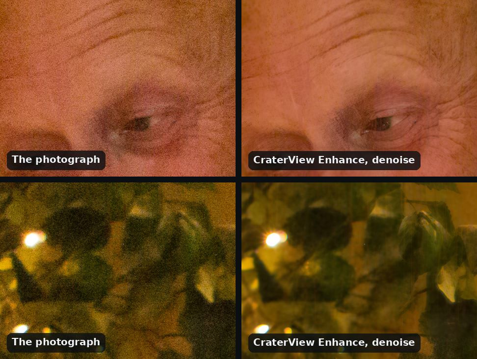 Two pairs at the photograph's own size: a man's forehead and eye at ISO 12800, and after Enhance with denoise, the grain gone and the lines on his forehead and around his eye deeper and more numerous; and a dark, out-of-focus tree with fairy lights, grainy, and after, the grain replaced by a streaky, painted texture