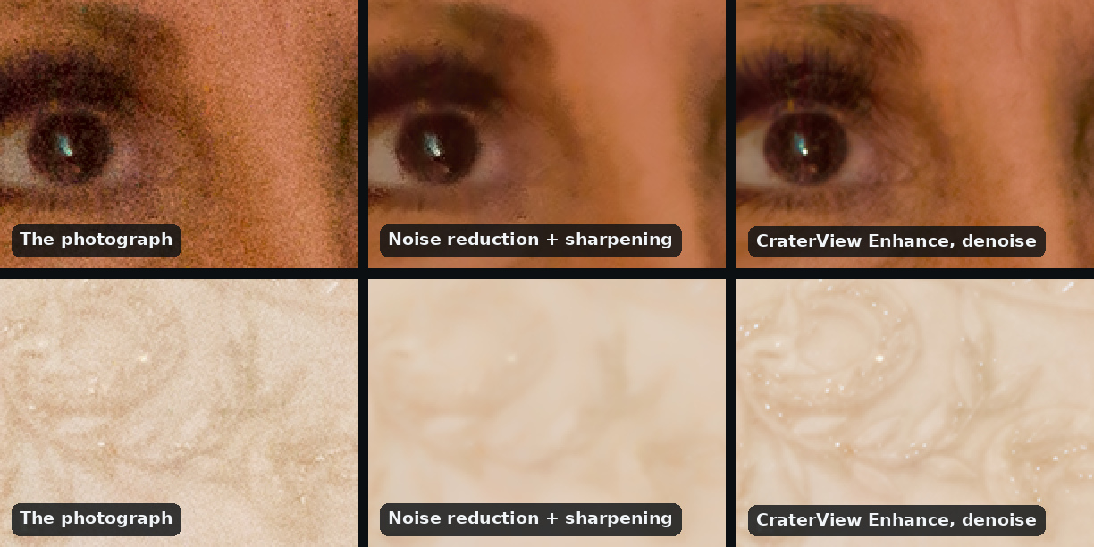 Two rows of three views at ISO 12800, each pixel drawn twice: a bride's eye and a panel of embroidered lace, as the grainy photograph; after colour and luminance noise reduction and sharpening, the grain gone and with it the lashes and the lace's pattern, the skin waxy; and after CraterView Enhance with denoise, clean, with the lashes, the lace's scrolls and its beads kept