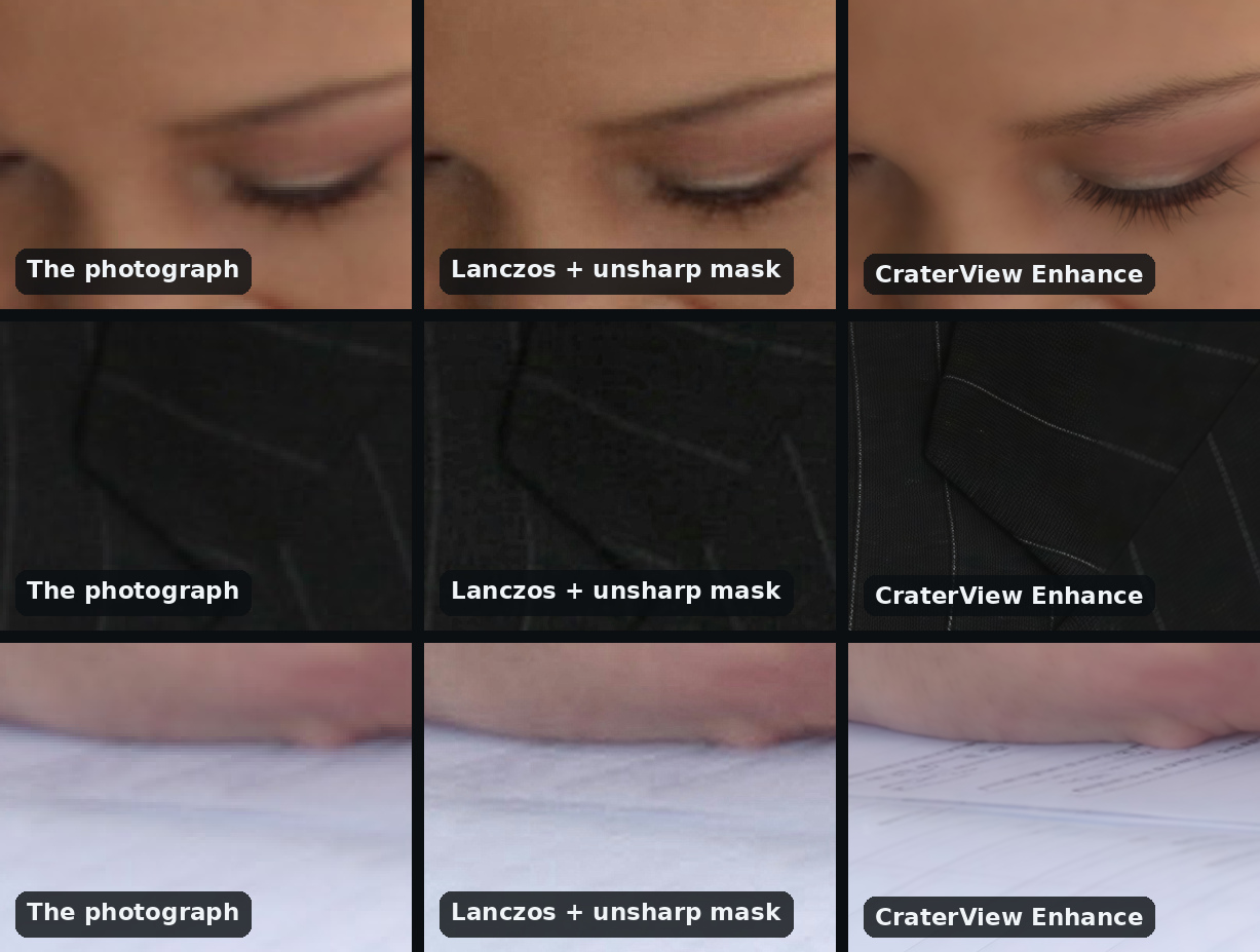 Three rows of three views, the photograph, a Lanczos resize sharpened with an unsharp mask, and CraterView Enhance: a bride's lowered eyelid, where Enhance draws separate lashes; the groom's pinstriped lapel, where Enhance draws crisp stripes and the weave of the cloth; and the marriage register, where faint grey smudges of print come back from Enhance as sharp lines and marks shaped like small type