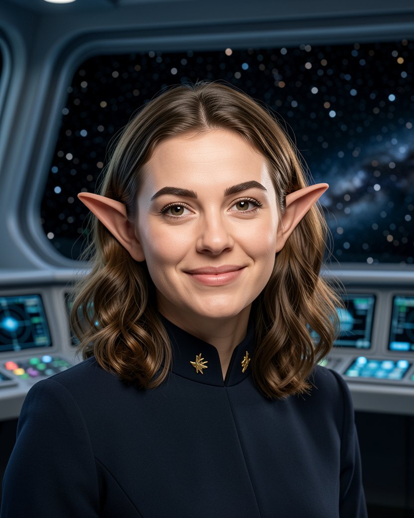 The same woman as a starship captain, with pointed ears and upswept eyebrows, in a dark high-collared uniform with gold insignia, on a starship's bridge with consoles and a starfield behind her