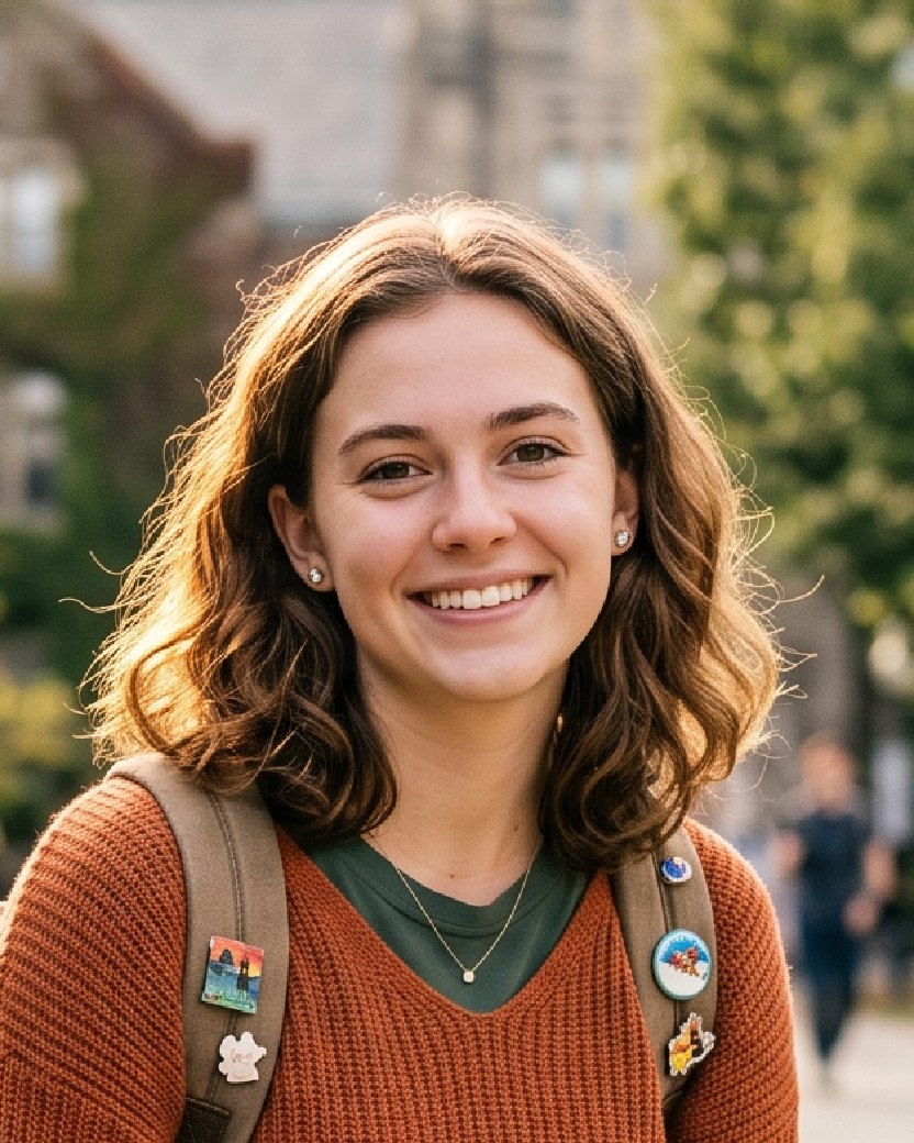 The young woman from the college lawn, smiling with wavy brown hair, a backpack over her orange sweater