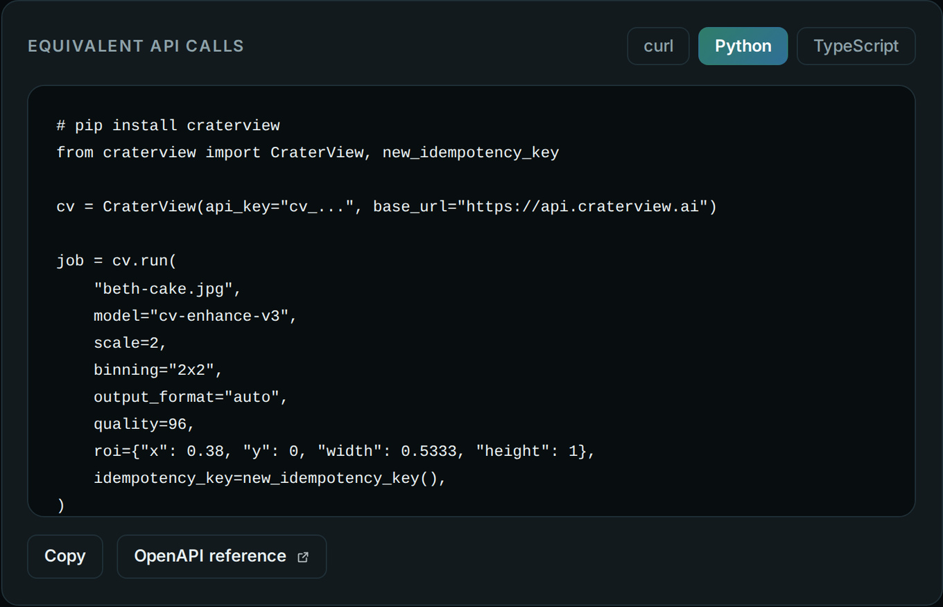 The Equivalent API calls panel with the Python tab selected, showing a cv.run call with model cv-enhance-v3, scale 2, binning 2x2, output format auto, quality 96, a region as fractions of the photo, and an idempotency key.