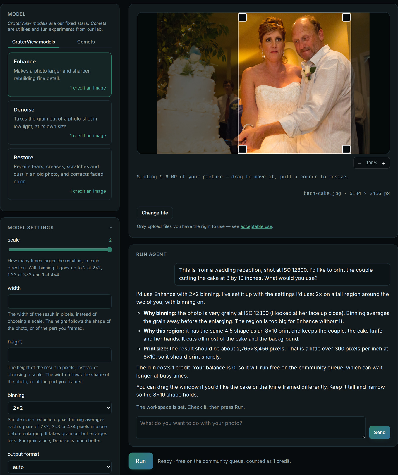 The workspace after the Run Agent's first answer. On the left, Enhance is selected and Model settings shows scale 2 and binning 2x2. On the right, a wedding photo of a couple cutting their cake, with a tall window framing the couple; under it the Run Agent panel, holding the question about an 8 by 10 print and the answer recommending Enhance at 2x with 2x2 binning; under that, the Run button.