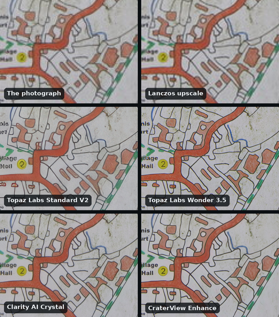 Six views of a hand-drawn village map in a grid of six, two across, its red roads, black outlines and a yellow numbered circle: the photograph and the Lanczos upscale, soft; Topaz Labs Standard V2, with pale halos along the lines; Topaz Labs Wonder 3.5, Clarity AI Crystal and CraterView Enhance, all clean and close to each other