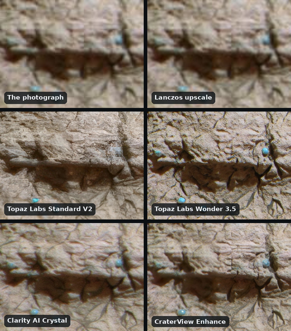 Six views of a layered Martian rock with small blue-grey spheres on it in a grid of six, two across: the photograph and the Lanczos upscale, soft; Topaz Labs Standard V2, over-sharpened; Topaz Labs Wonder 3.5, covering the whole rock in crinkled texture; Clarity AI Crystal, close to the Lanczos upscale; CraterView Enhance, with some added grain and layering