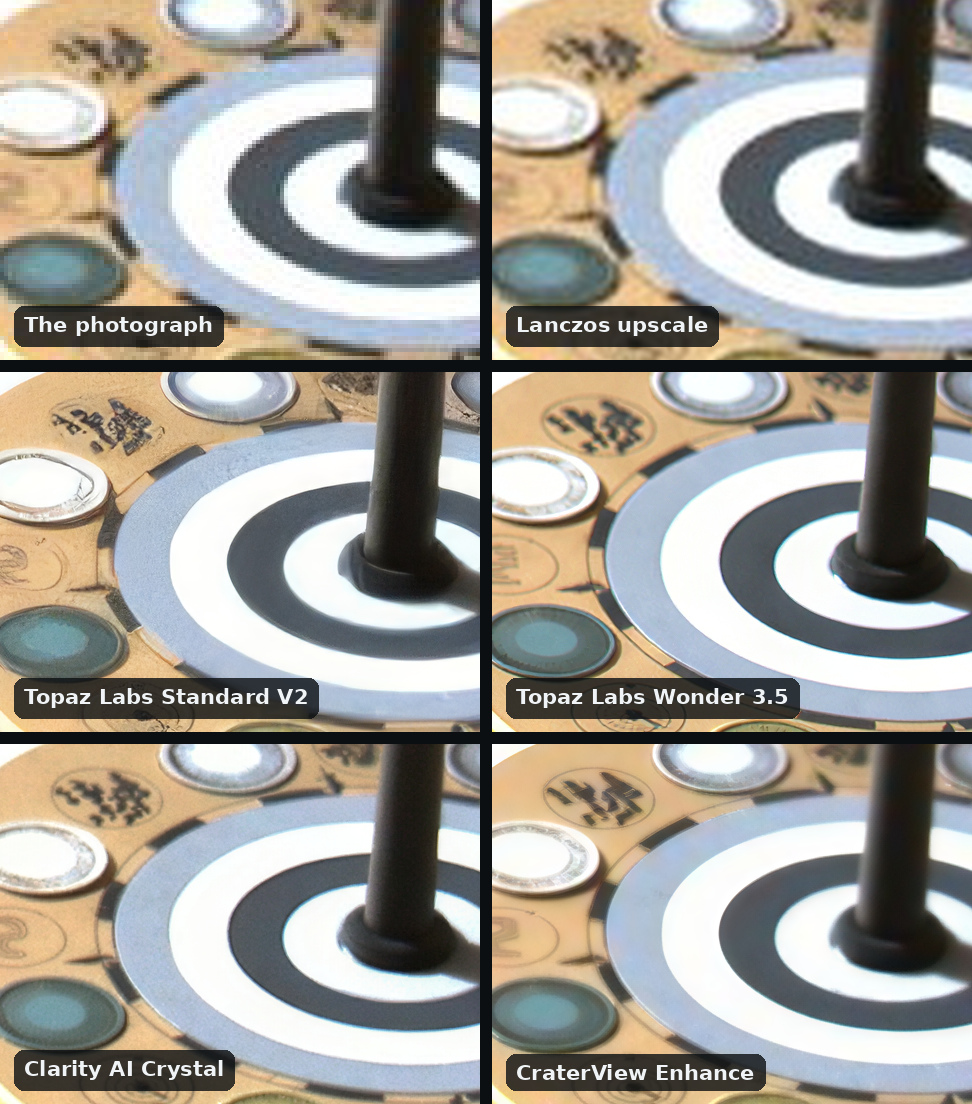 Six views of the rings of a camera calibration target on a Mars rover in a grid of six, two across: the photograph and the Lanczos upscale, soft; Topaz Labs Standard V2, with the small dark marks turned to noise; Topaz Labs Wonder 3.5, Clarity AI Crystal and CraterView Enhance, clean rings and edges