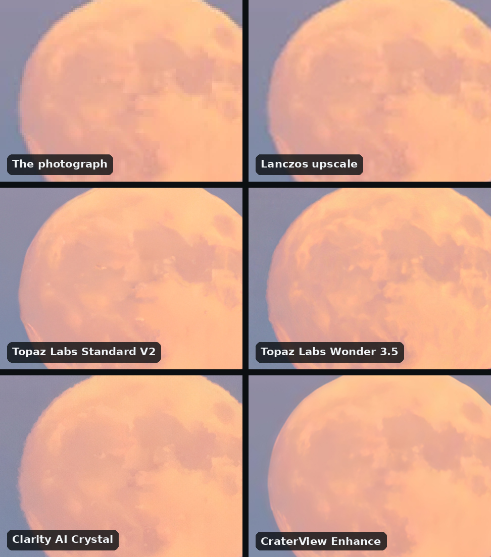 Six views of the orange face of a rising full moon in a grid of six, two across, all close to each other: the photograph, the Lanczos upscale, Topaz Labs Standard V2, Topaz Labs Wonder 3.5 with a slightly mottled surface, Clarity AI Crystal and CraterView Enhance, none showing more of the Moon's markings than the photograph holds