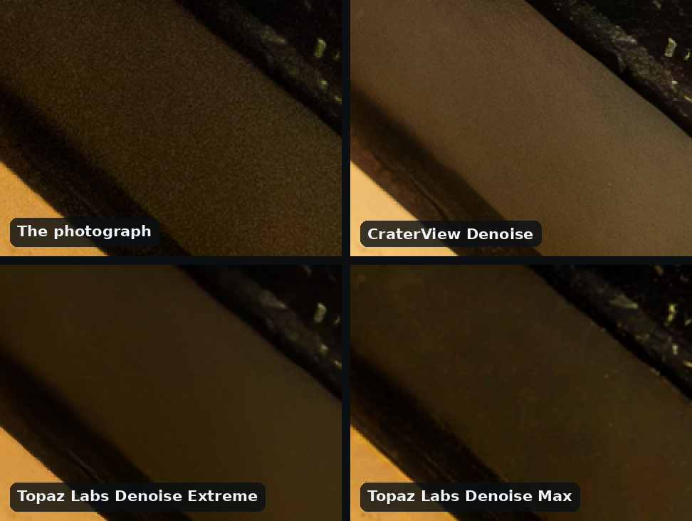 Four views of the shaded side of a black organ key beside an ivory one, ISO 25600, in a grid of four, two across: the photograph, dark and grainy; CraterView Denoise, clean but lightened to a matte brown; Topaz Labs Denoise Extreme and Denoise Max, clean and as dark as the photograph