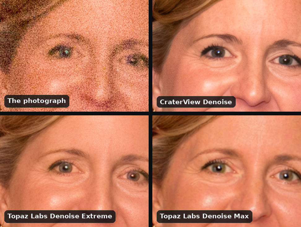 Four views of a smiling woman's eyes and nose at a wedding reception, ISO 12800, in a grid of four, two across: the photograph, covered in coloured grain; CraterView Denoise, clean, with darker lashes and smoother, slightly cooler skin; Topaz Labs Denoise Extreme and Denoise Max, clean, her skin and colour as in the photograph