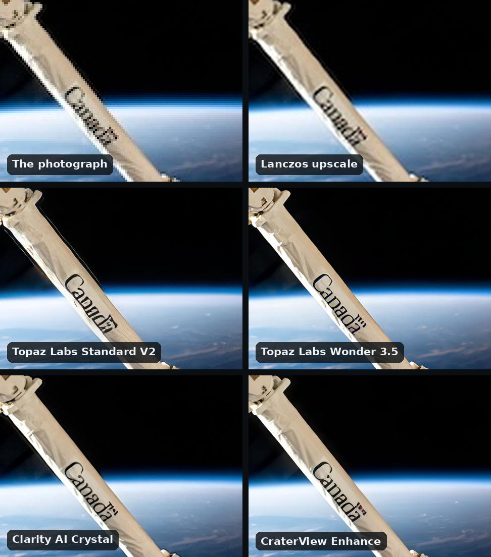 Six views of the word Canada printed on the space station's robotic arm above Earth in a grid of six, two across: the photograph and the Lanczos upscale, blurred; Topaz Labs Standard V2, the letters broken; Topaz Labs Wonder 3.5, Clarity AI Crystal and CraterView Enhance, the word clean and readable